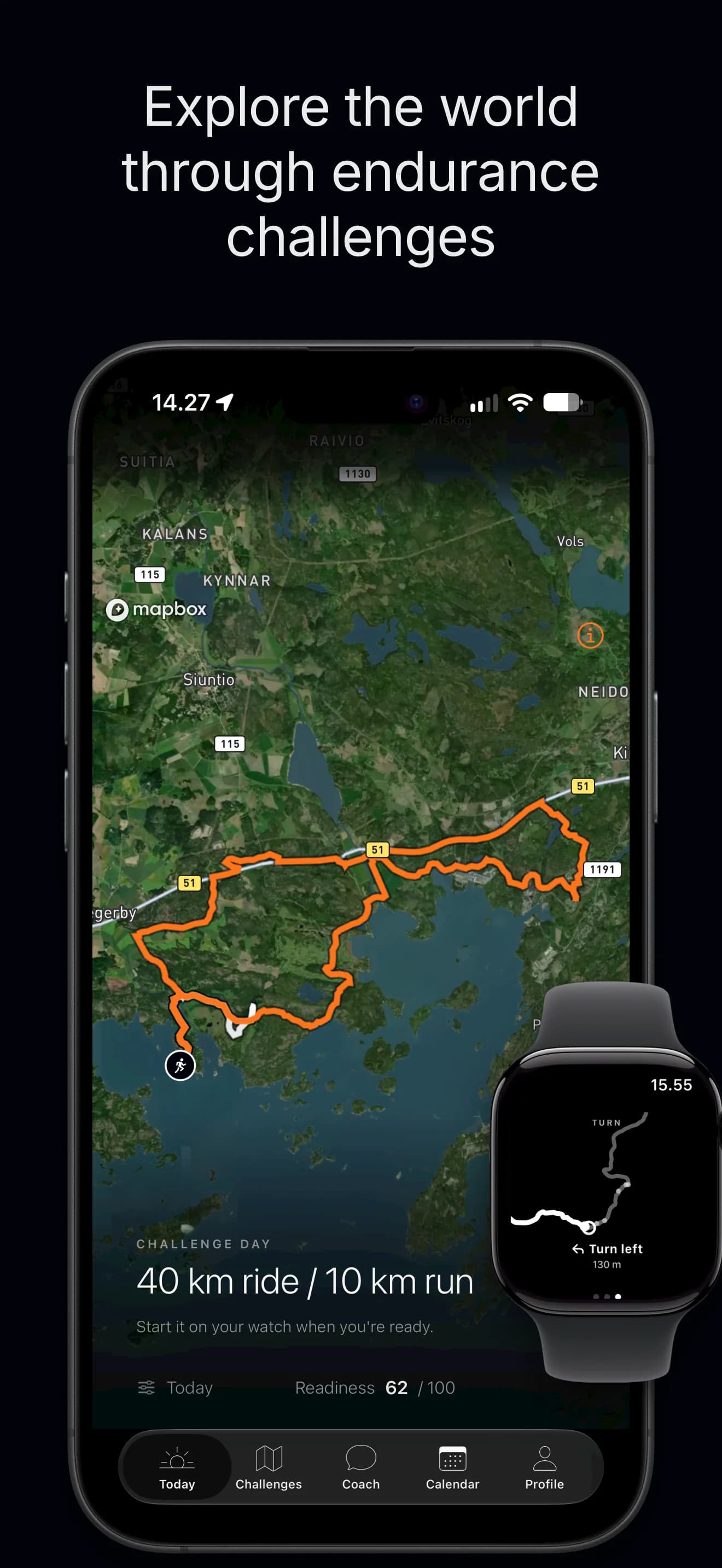 Explore the world through endurance challenges. A challenge route drawn across a satellite map with real place names, and the Apple Watch showing the same course mid-outing.