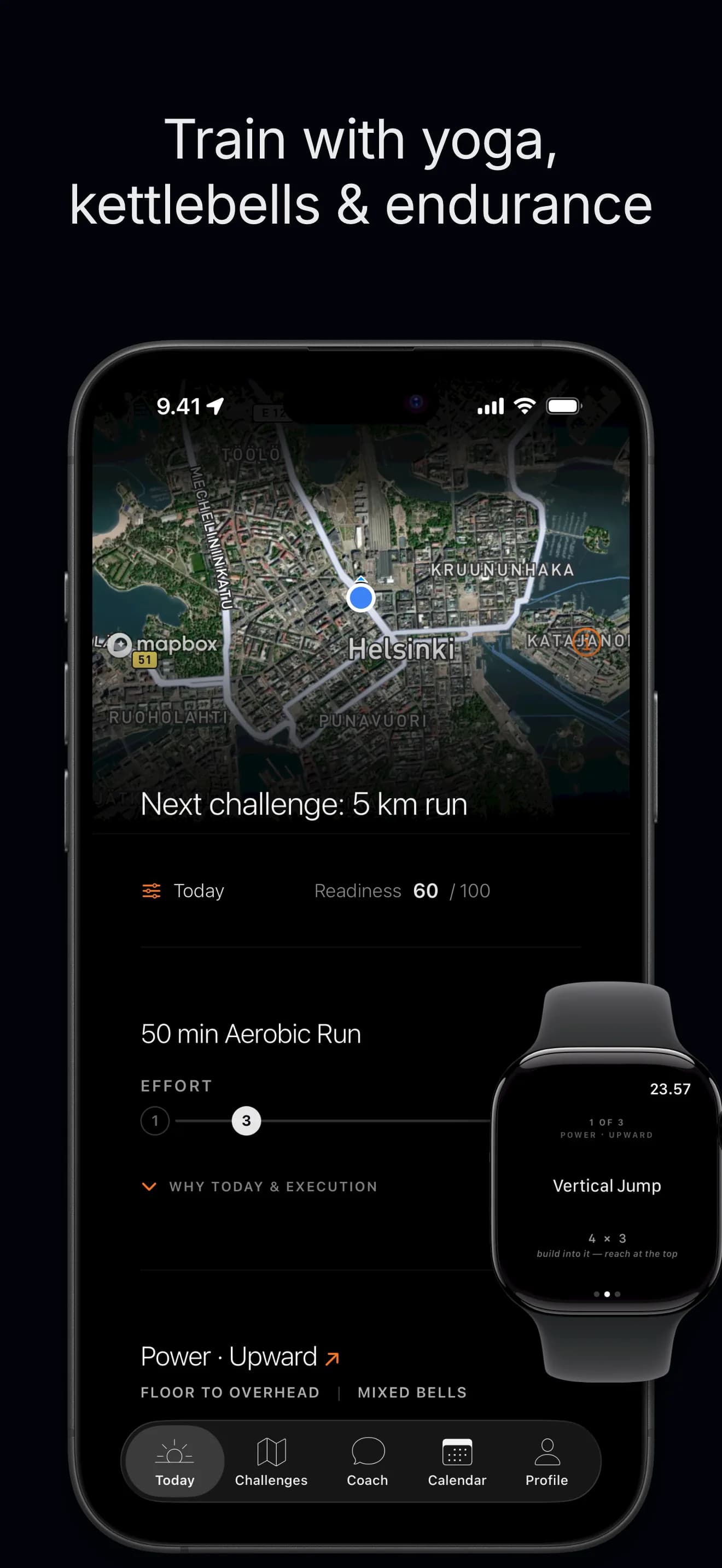 Train with yoga, kettlebells and endurance. The home screen on a two-session day: the route map, readiness, a 50 minute aerobic run and a kettlebell routine, with the Watch showing the exercise card.