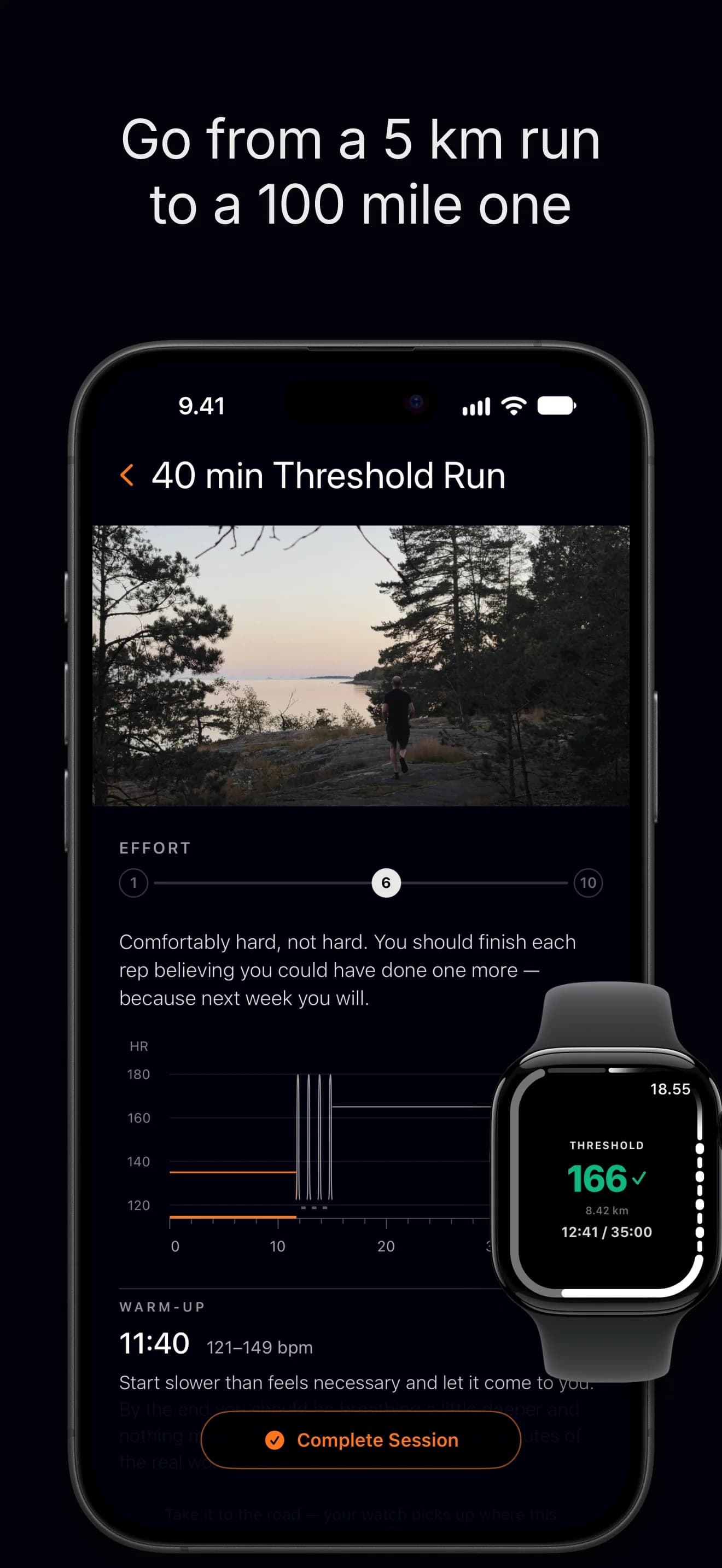 Go from a 5 km run to a 100 mile one. A threshold run laid out in segments with heart-rate bands and the coach’s reasoning, live on the wrist mid work block.