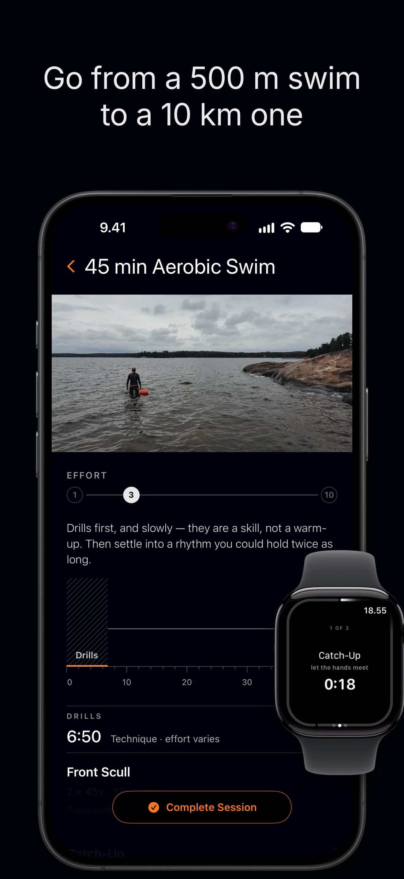 Go from a 500 m swim to a 10 km one. An aerobic swim carrying its drill set on the open-water ground, with the drill guidance on the Watch.