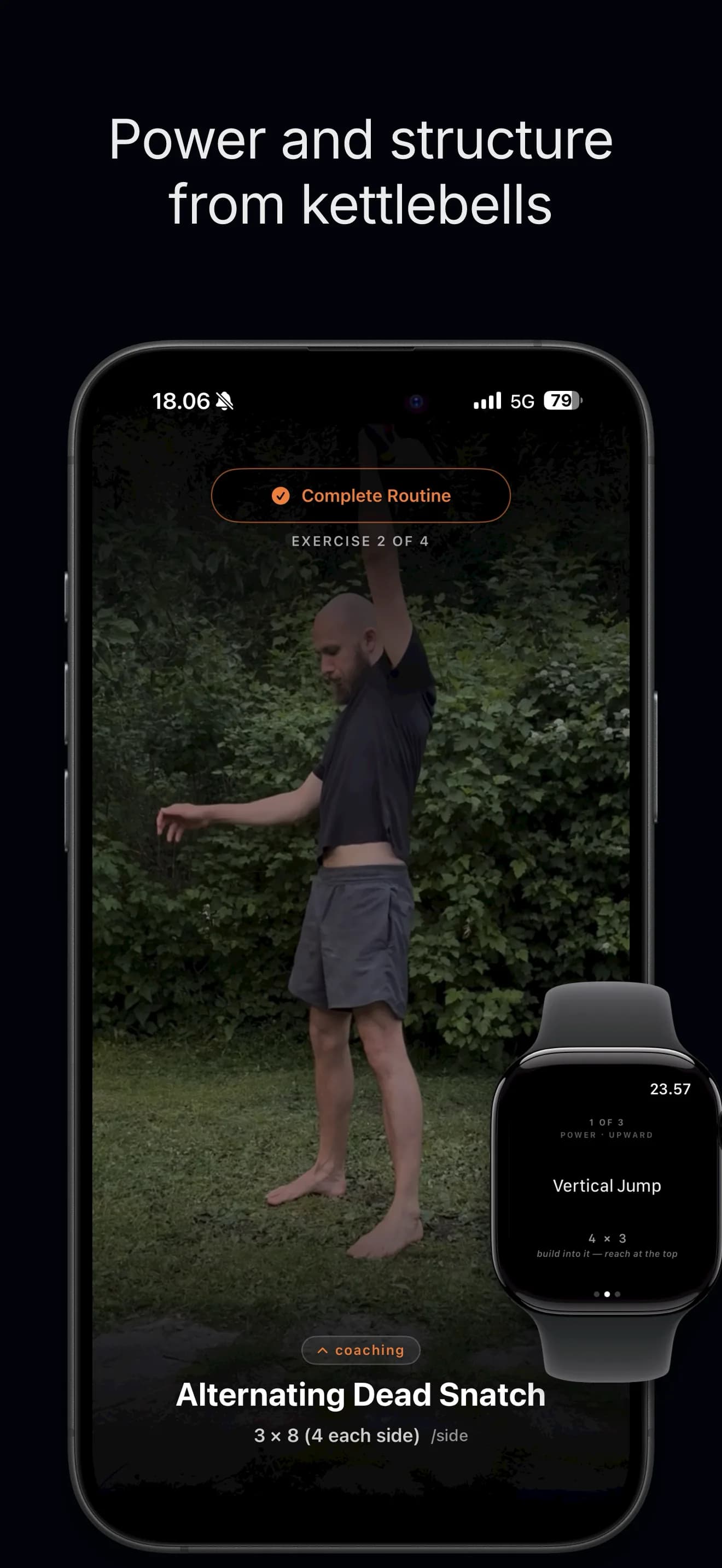 Power and structure from kettlebells. A movement demonstration playing mid-routine, with the same exercise paged on the Watch.