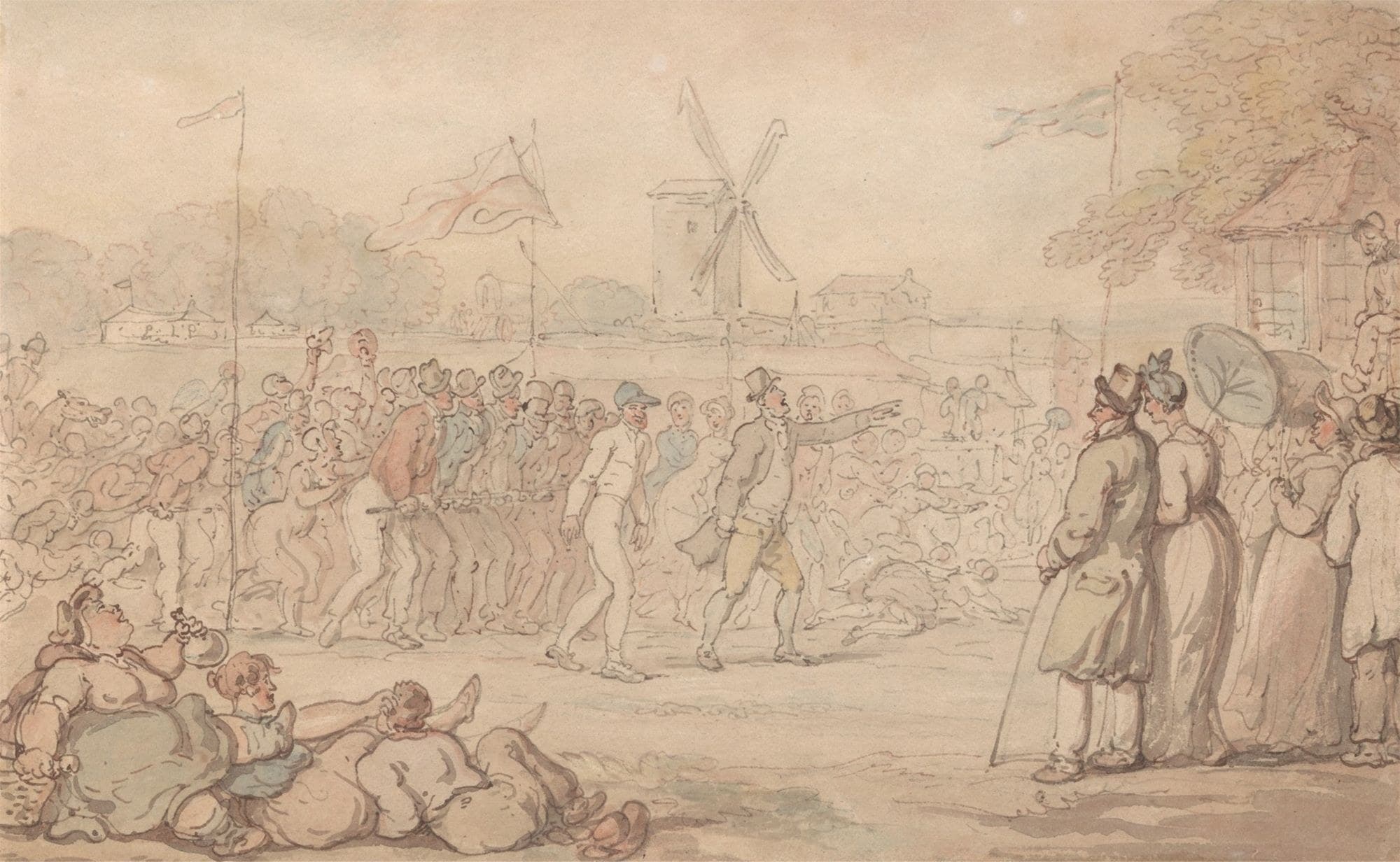 Thomas Rowlandson's drawing of Captain Barclay finishing a walking match through a cheering crowd.