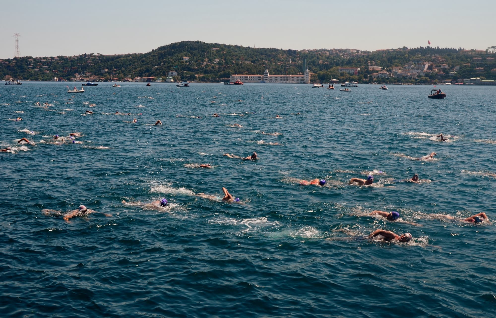 Swimmers crossing the Bosphorus in the Cross-Continental race, 2016.