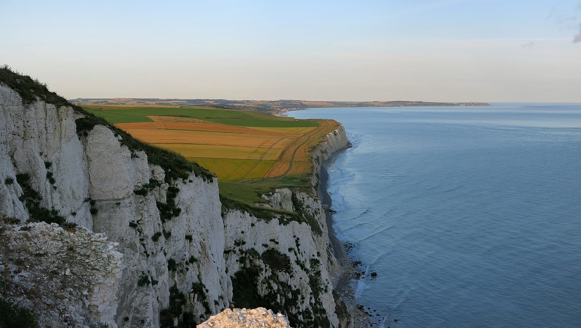 White chalk cliffs at Cap Blanc-Nez, France, looking along the coast to Cap Gris-Nez.