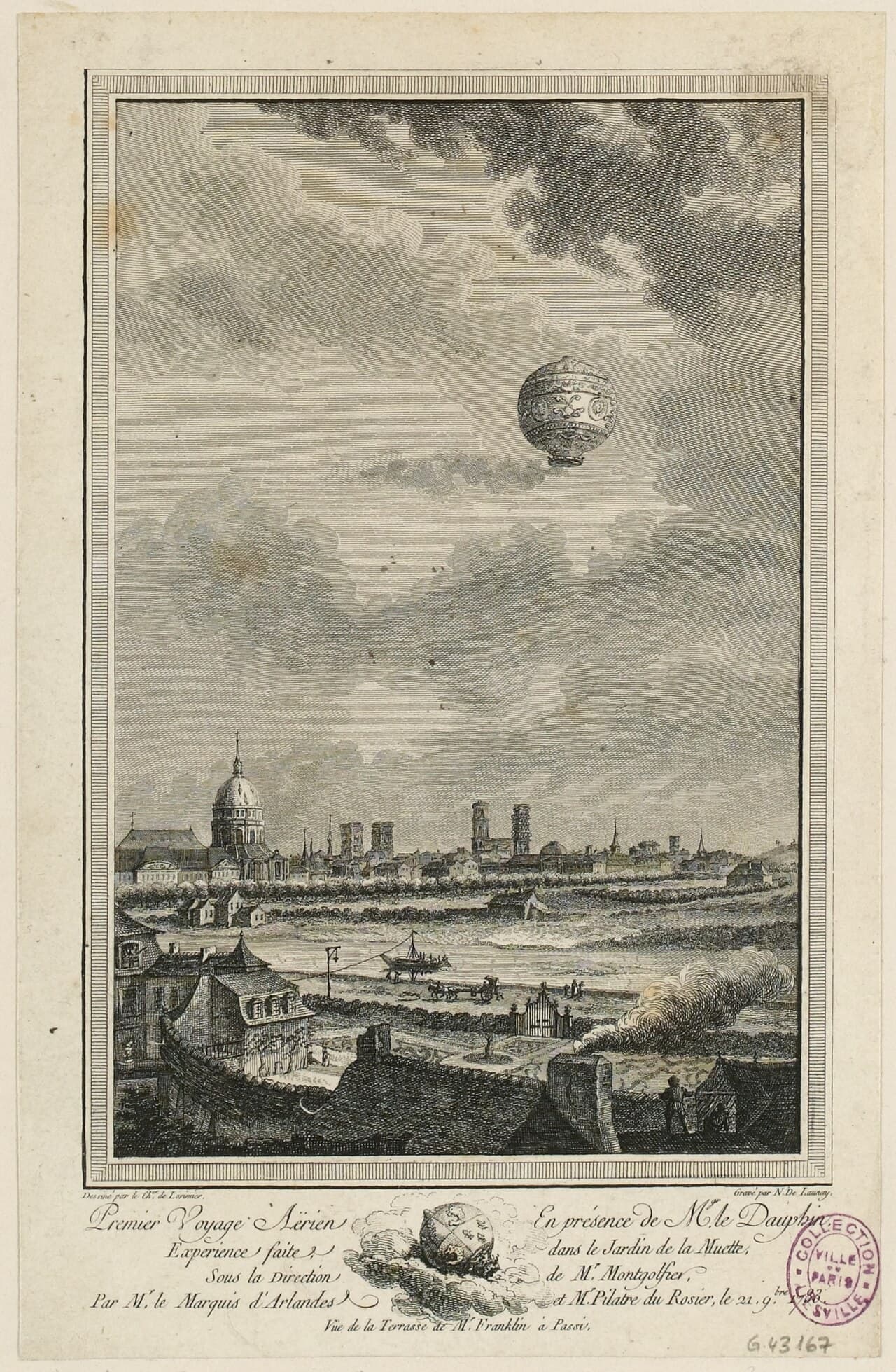 An engraving of the first manned balloon drifting over Paris in 1783.