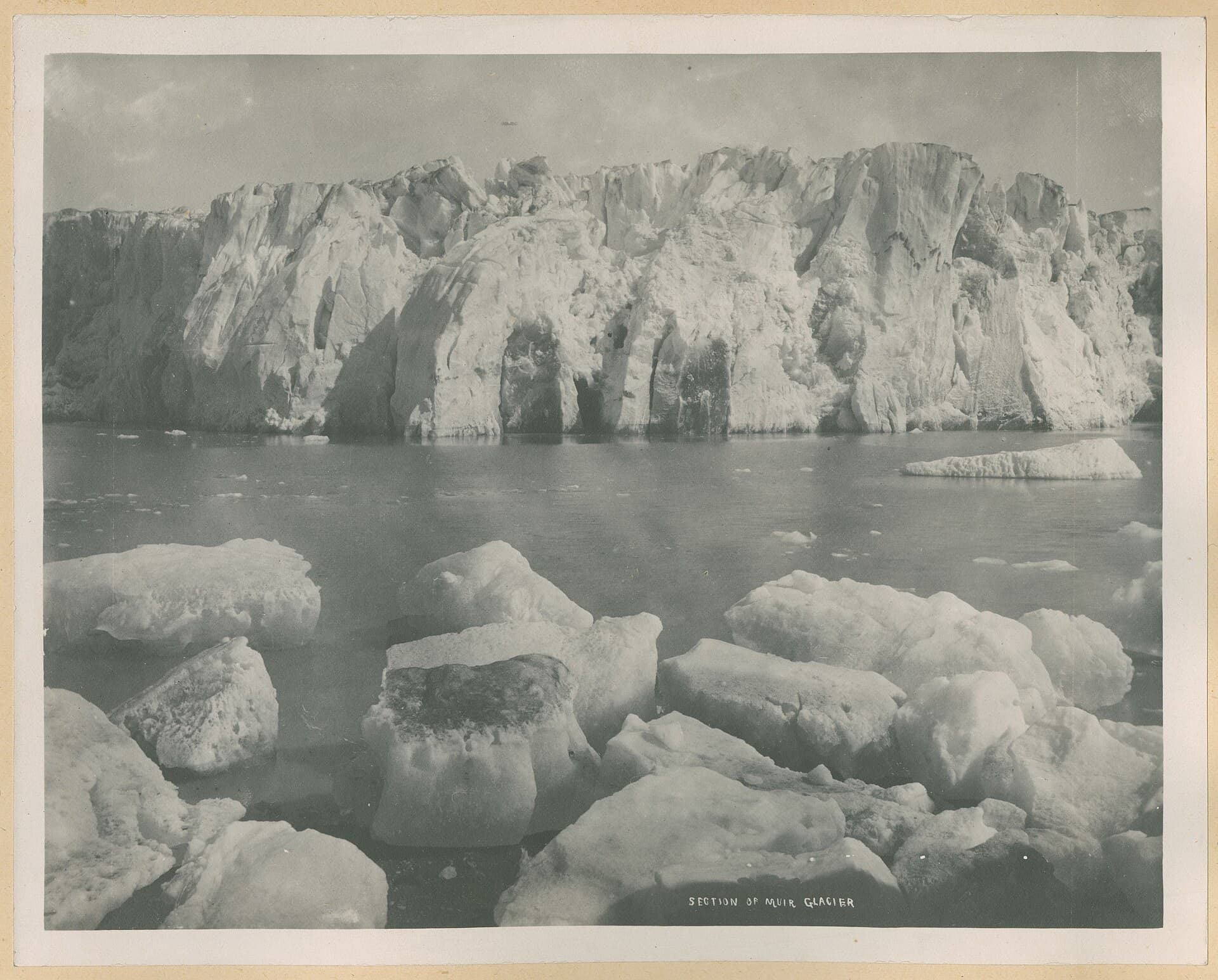 The ice front of Muir Glacier, Glacier Bay, Alaska, about 1899, with ice blocks in the water.