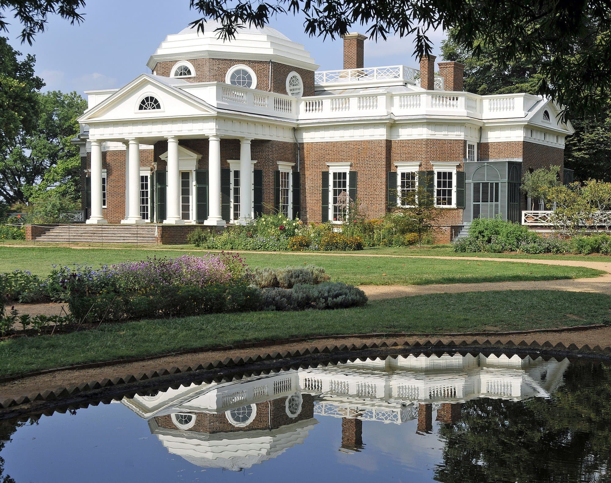 Monticello, Thomas Jefferson's house, reflected in a pond.