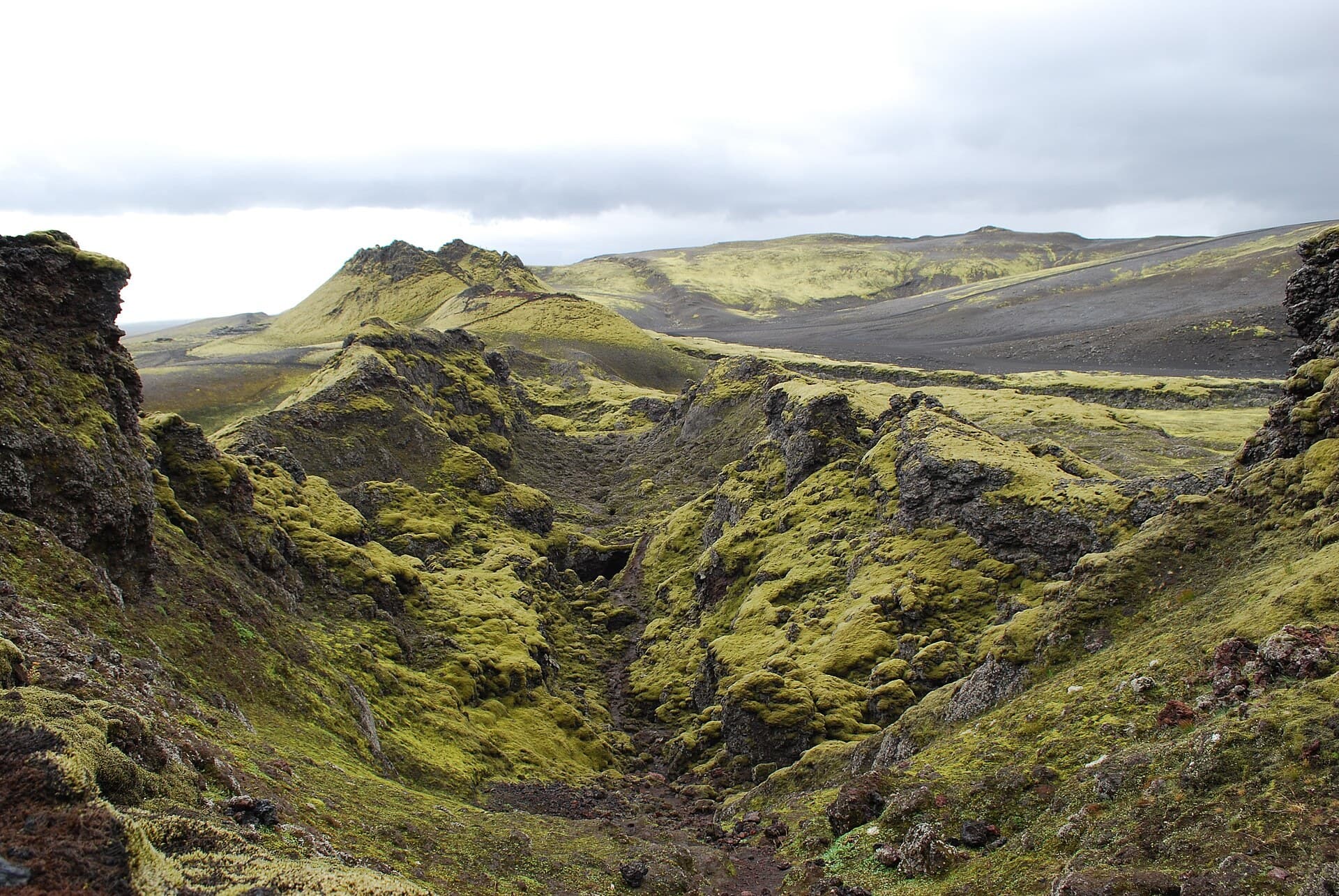 The central fissure of the Laki craters, Iceland, green with moss.