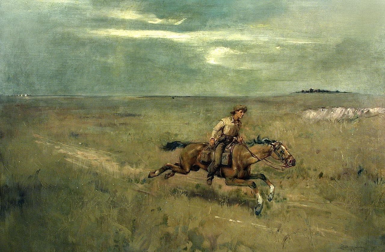 Lloyd Branson's painting of a Pony Express rider at full gallop across the prairie.