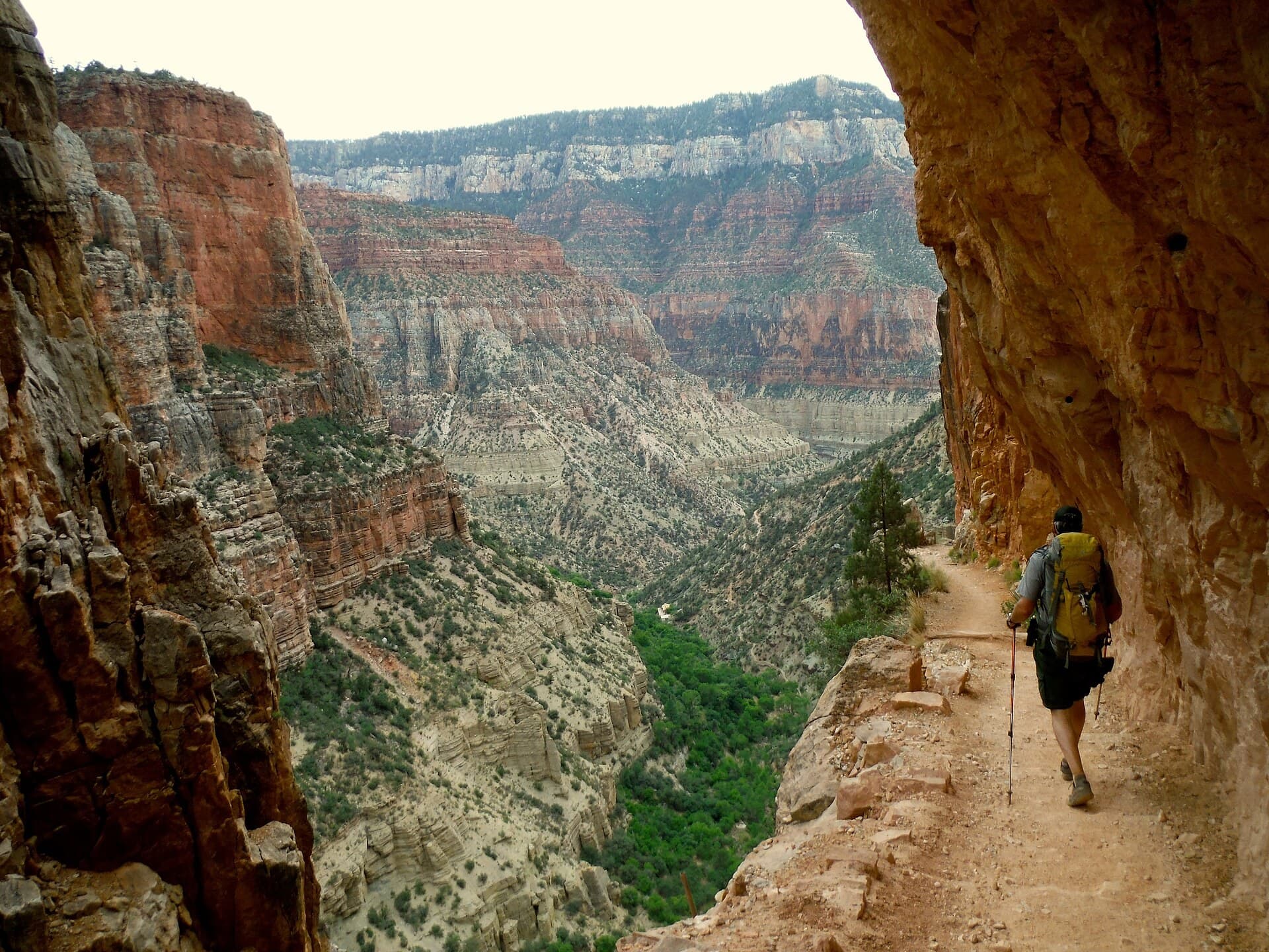 A ranger walking down the North Kaibab Trail into the Grand Canyon below red cliffs.