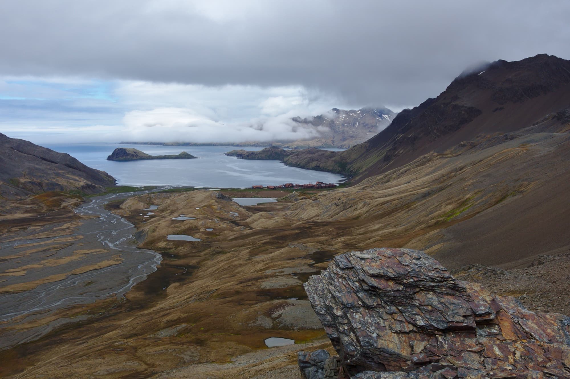 'First Glimpse': Stromness Bay from the hills above, South Georgia.