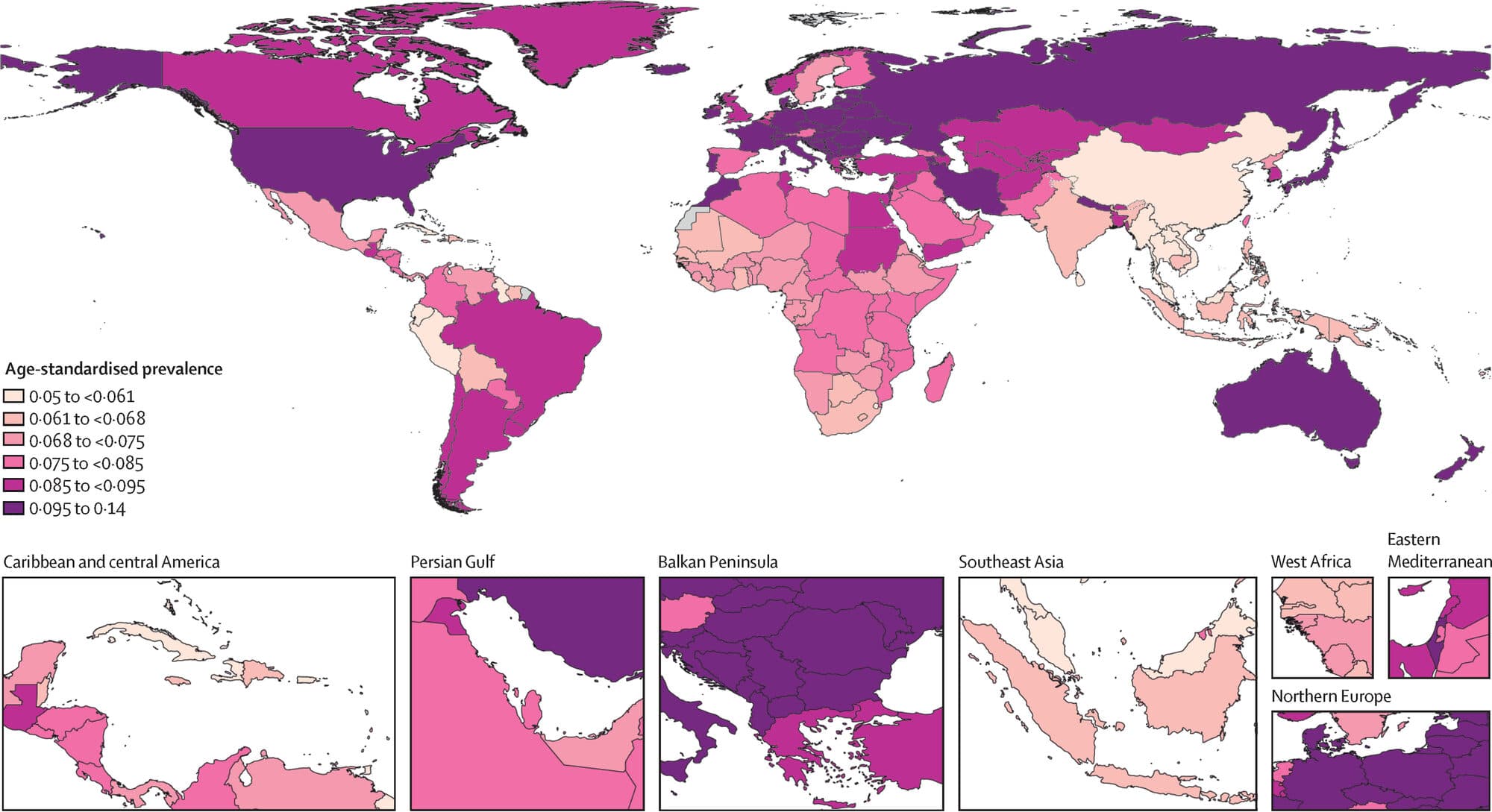 A world map shaded by how common low back pain is, after adjusting for age, in 2020. The darkest countries include the United States, Australia, Russia and much of Europe, while China, India and much of Africa are lighter.