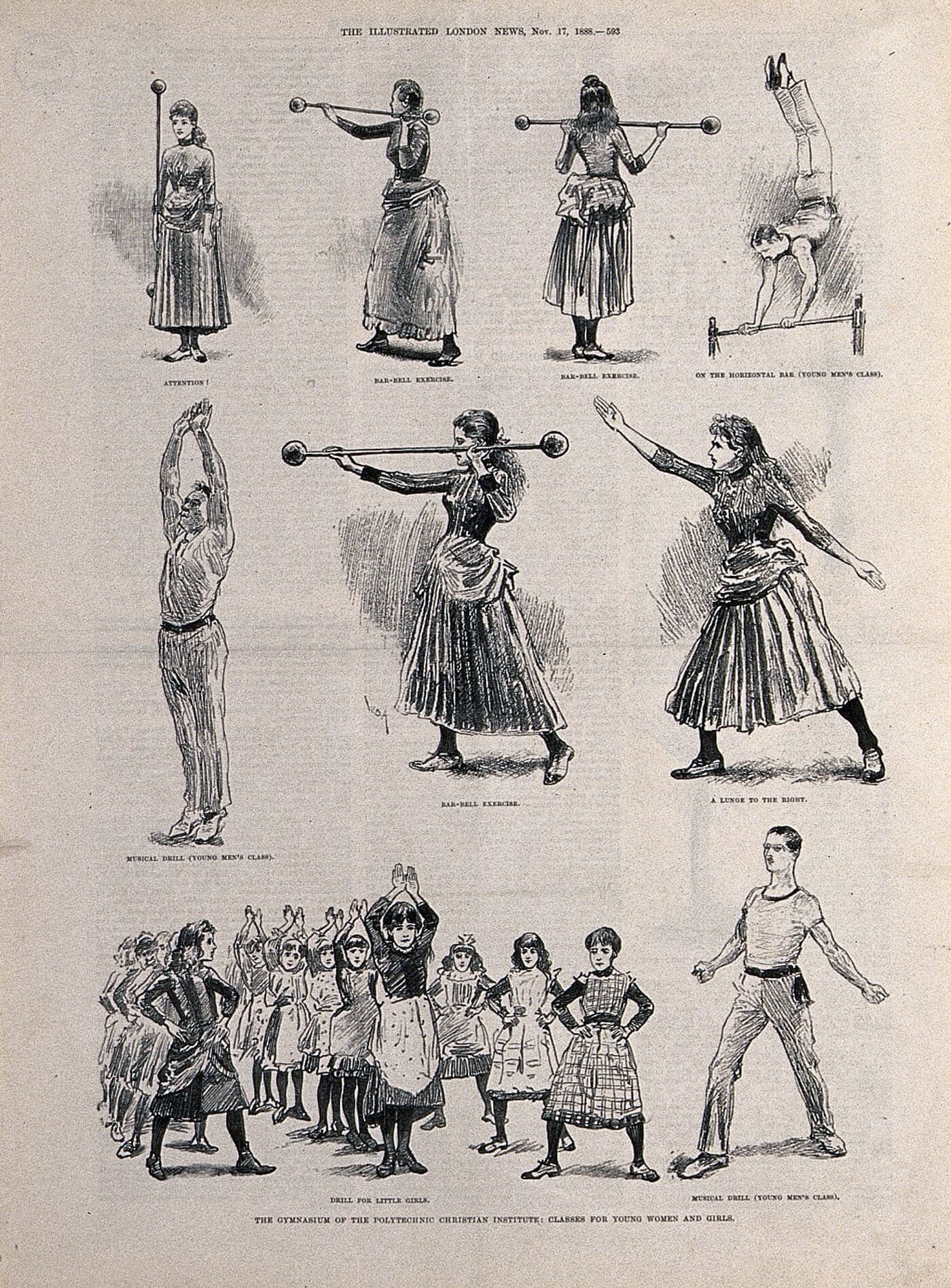 A page of engravings from a London newspaper in 1888. Women in long skirts lift barbells, little girls do drill in a group, and young men exercise on a horizontal bar, all in a gymnasium class.